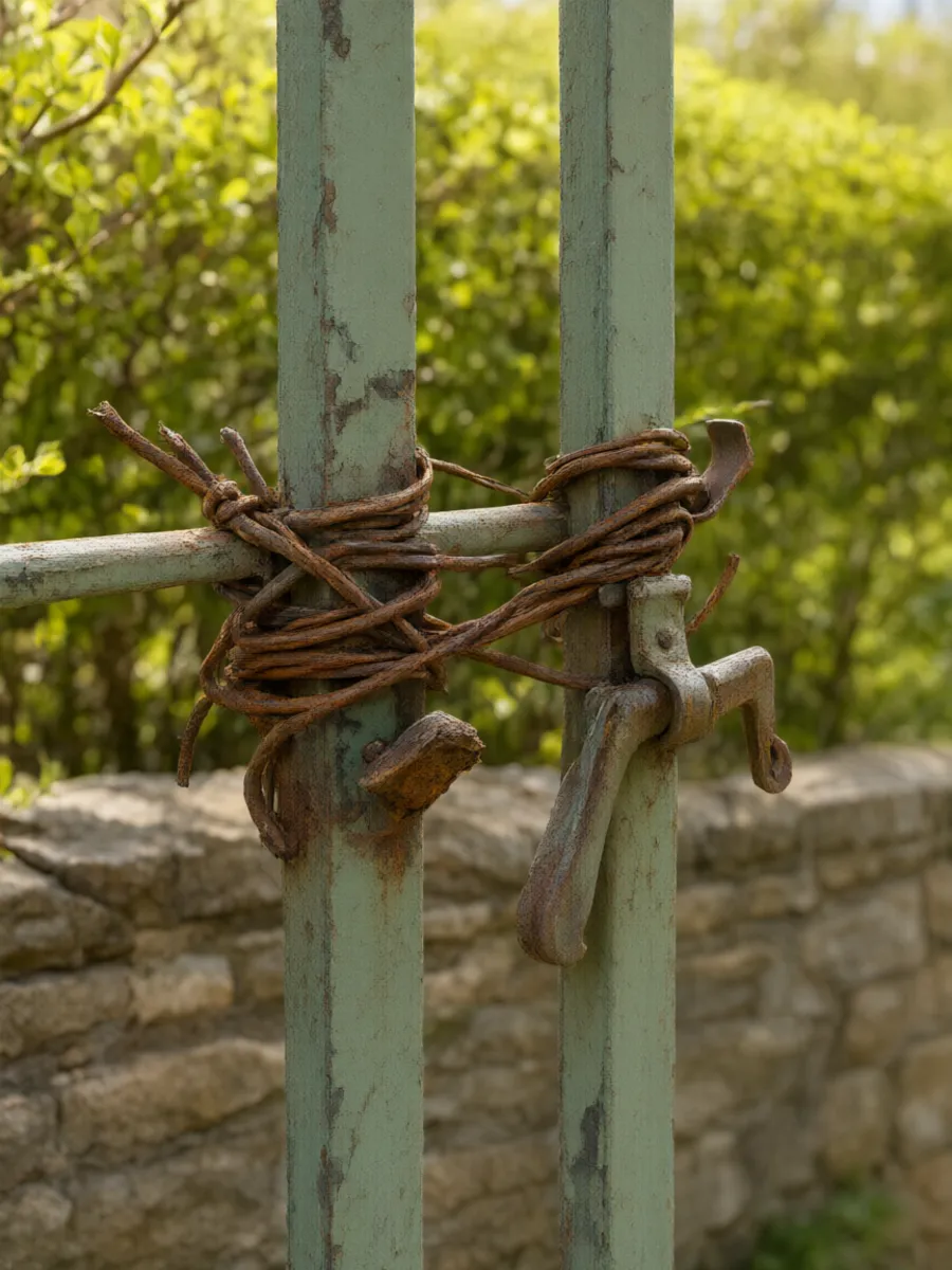 Il gancio del cancello legato col fil di ferro